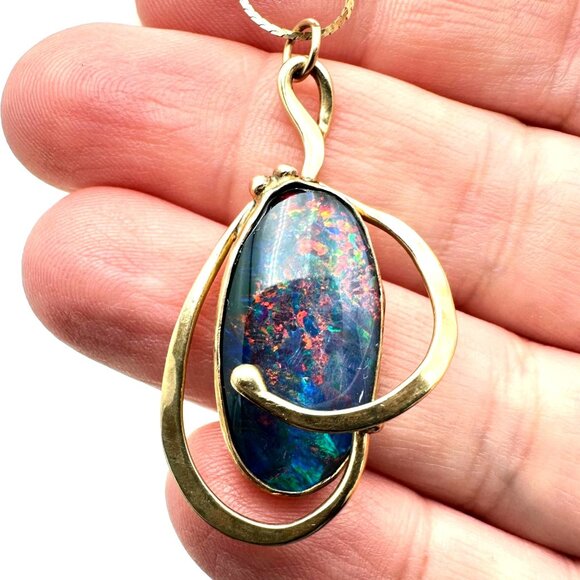 Australian Artisan Black Opal Triplet Necklace 14K Yellow Gold Unique Design - Picture 1 of 6